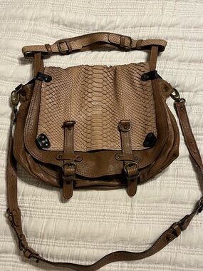 Brown Textured Leather Crossbody Bag with Snakeskin Flap